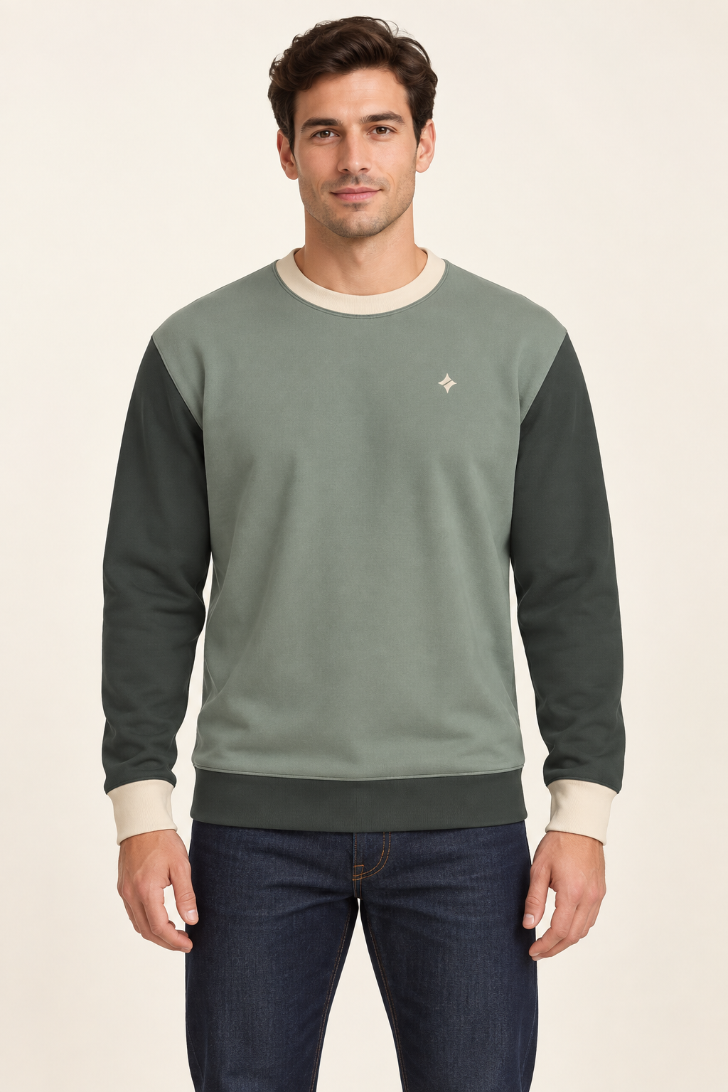 Mineral Sage men's sweatshirt — front AI styling illustration