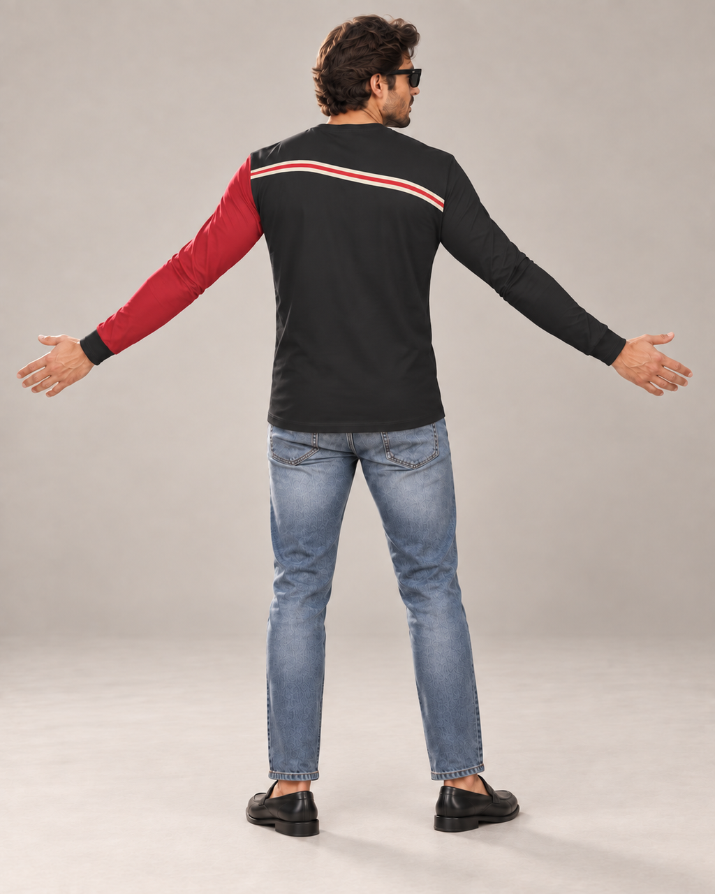 Racing Spirit Luxury Bounce Cotton Long Sleeve T-Shirt by UNIKCOSA, back view with arms spread wide in a plain indoor studio — AI styling visual