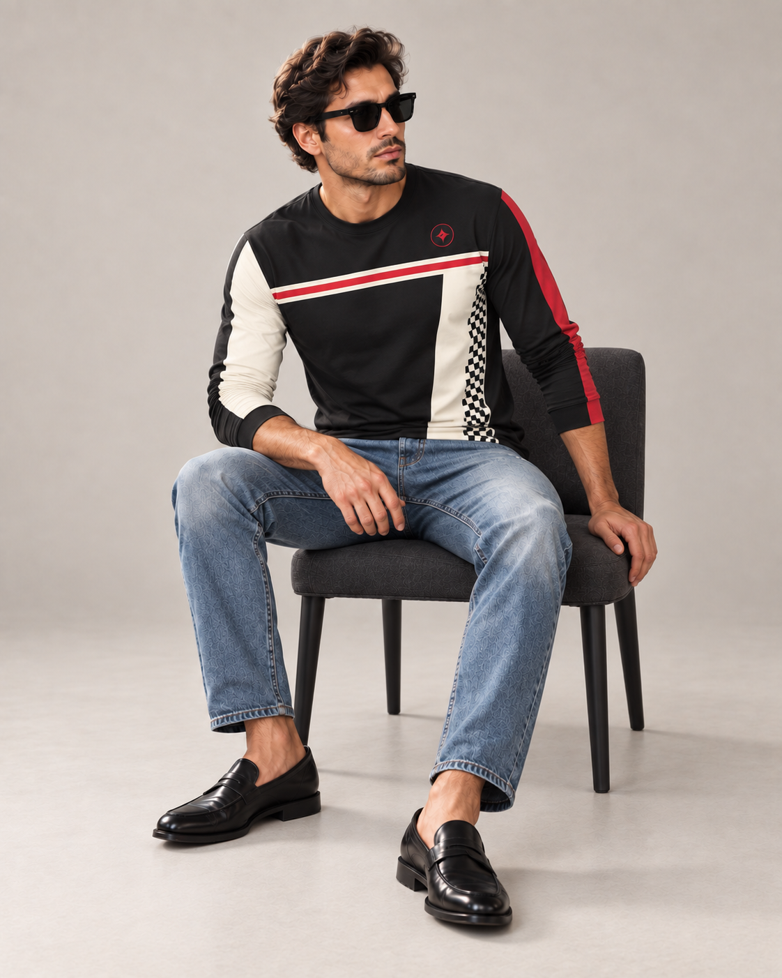 Racing Spirit Luxury Bounce Cotton Long Sleeve T-Shirt by UNIKCOSA, seated with sleeves styled on a plain stone-grey background — AI styling visual