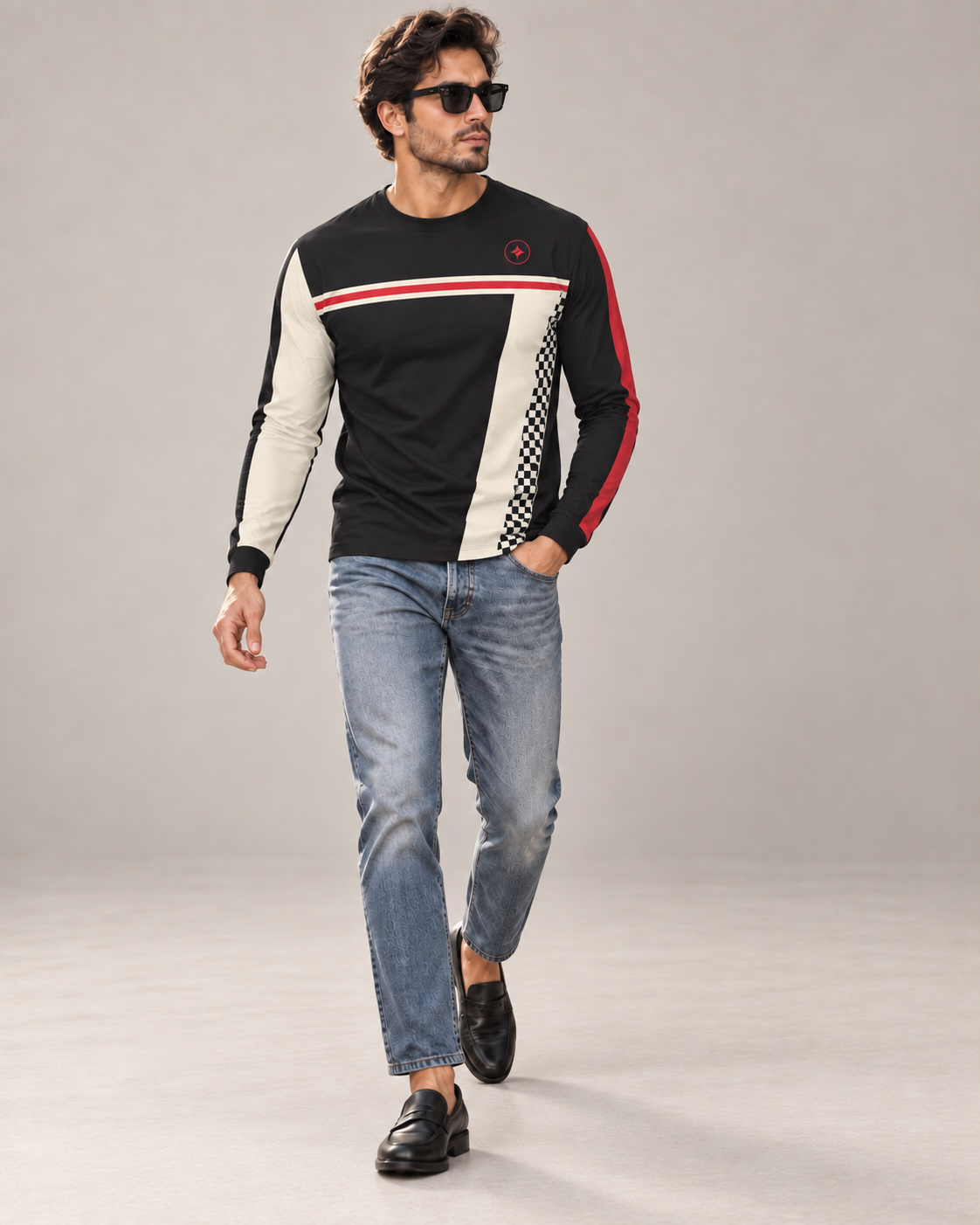 Racing Spirit Luxury Bounce Cotton Long Sleeve T-Shirt by UNIKCOSA, walking in a plain indoor studio with straight jeans and black loafers — AI styling visual
