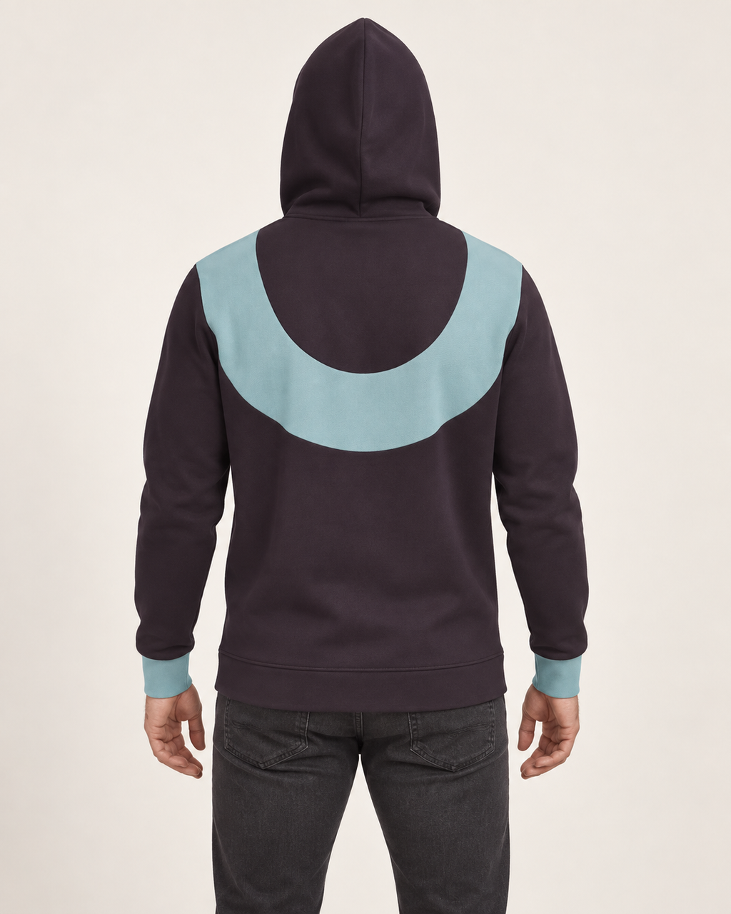 Raisin Iceberg Orbit Nero Ponte Hoodie, back on-model AI styling illustration