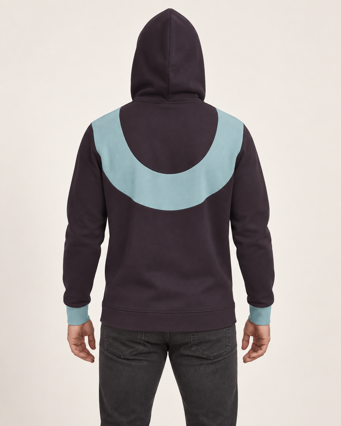 Raisin Iceberg Orbit Nero Ponte Hoodie, back on-model AI styling illustration