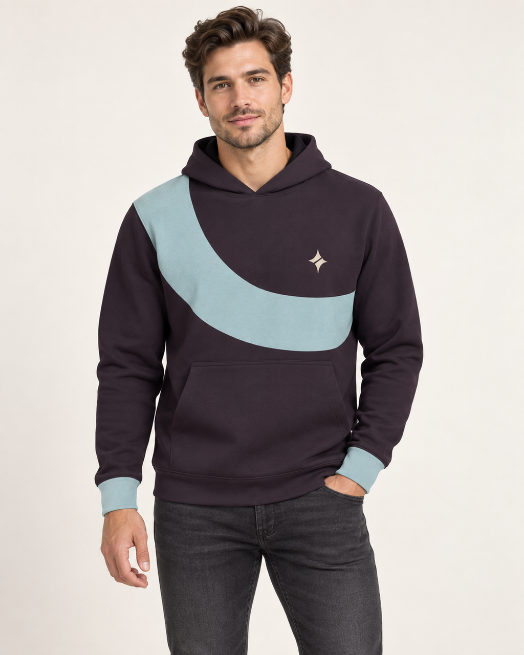 Raisin Iceberg Orbit Nero Ponte Hoodie, front on-model AI styling illustration