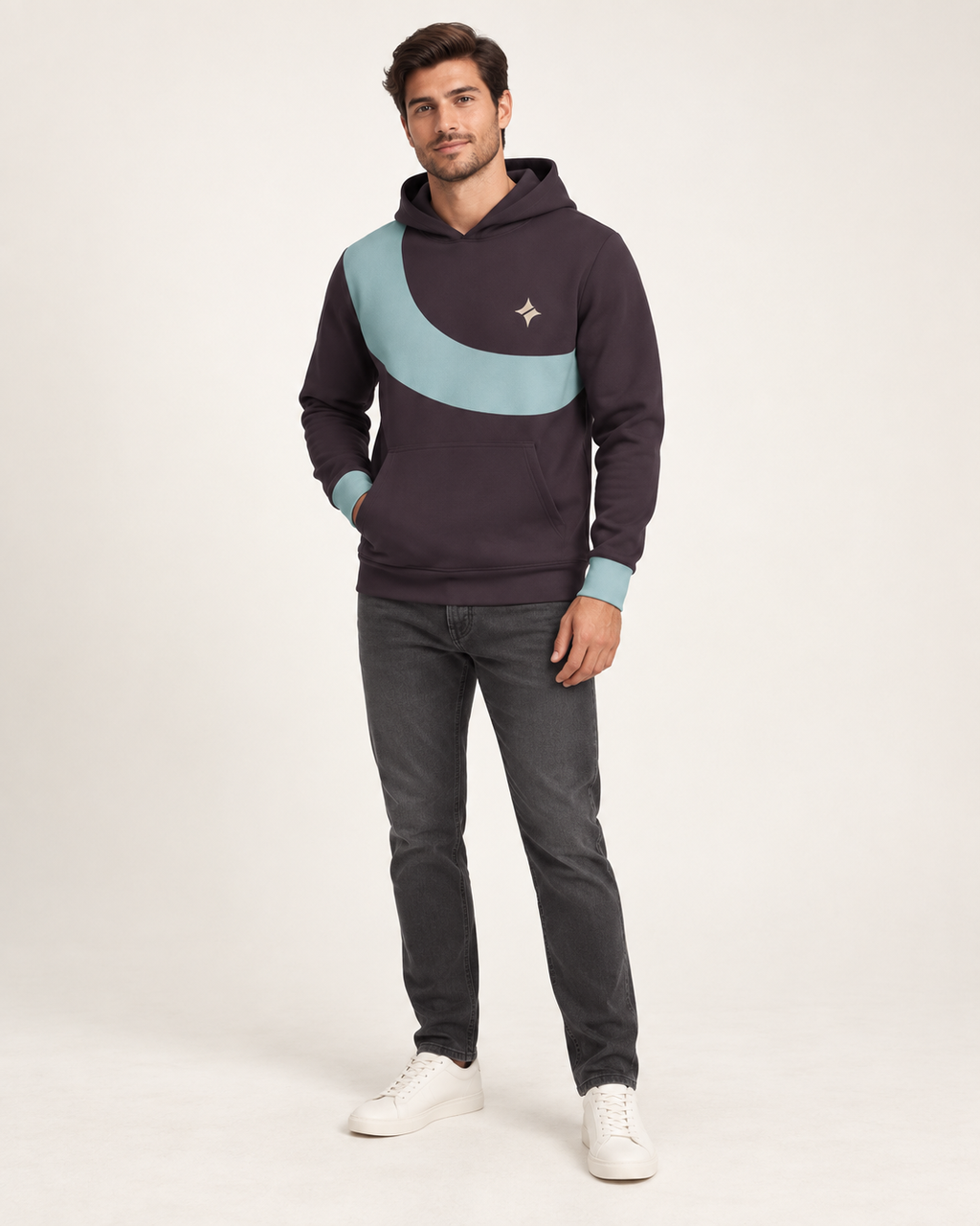 Raisin Iceberg Orbit Nero Ponte Hoodie, fullbody on-model AI styling illustration