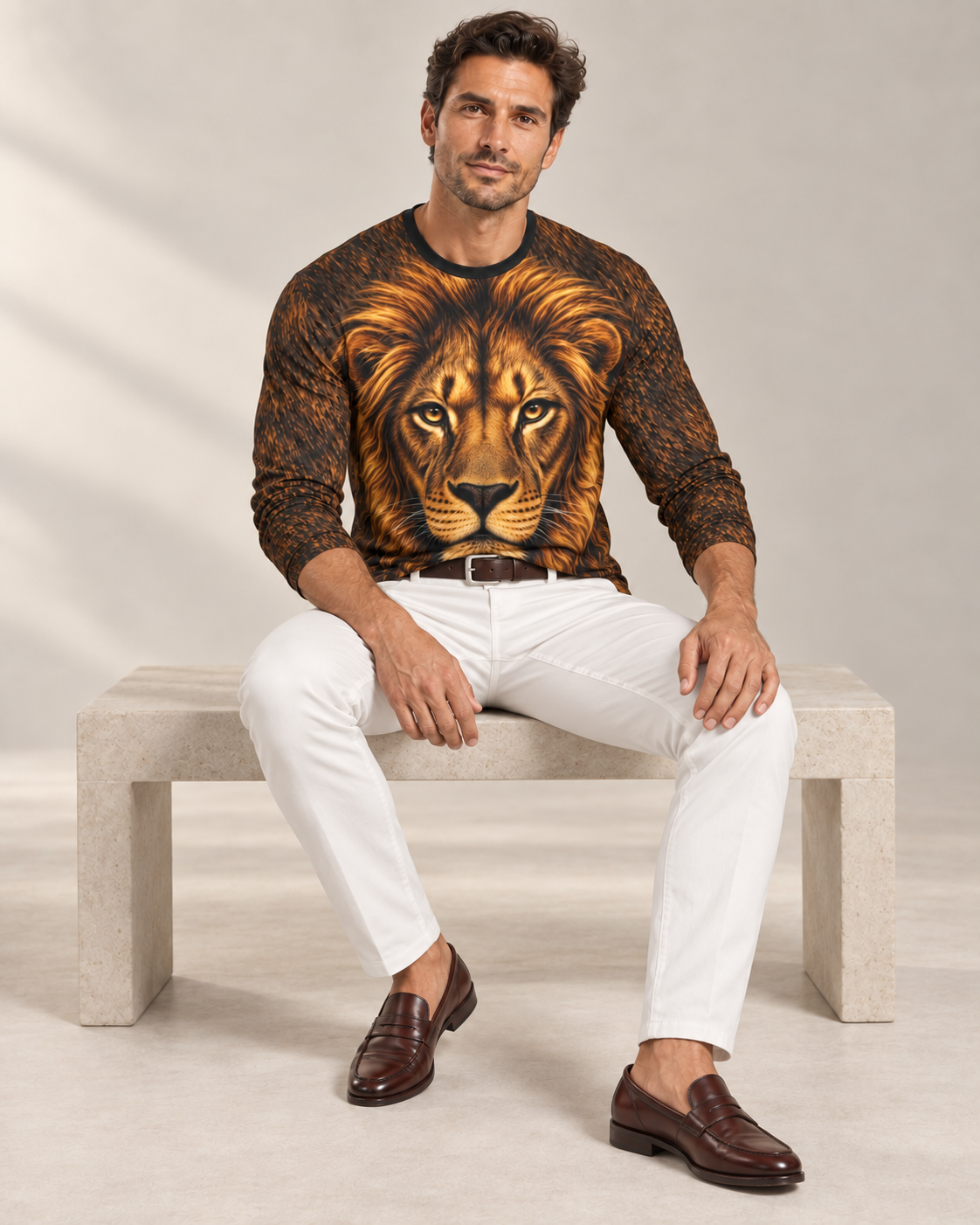 Royal Amber Luxury Long Sleeve T-Shirt by UNIKCOSA, seated view with white tailored trousers and cherry-brown loafers — AI-generated model illustration