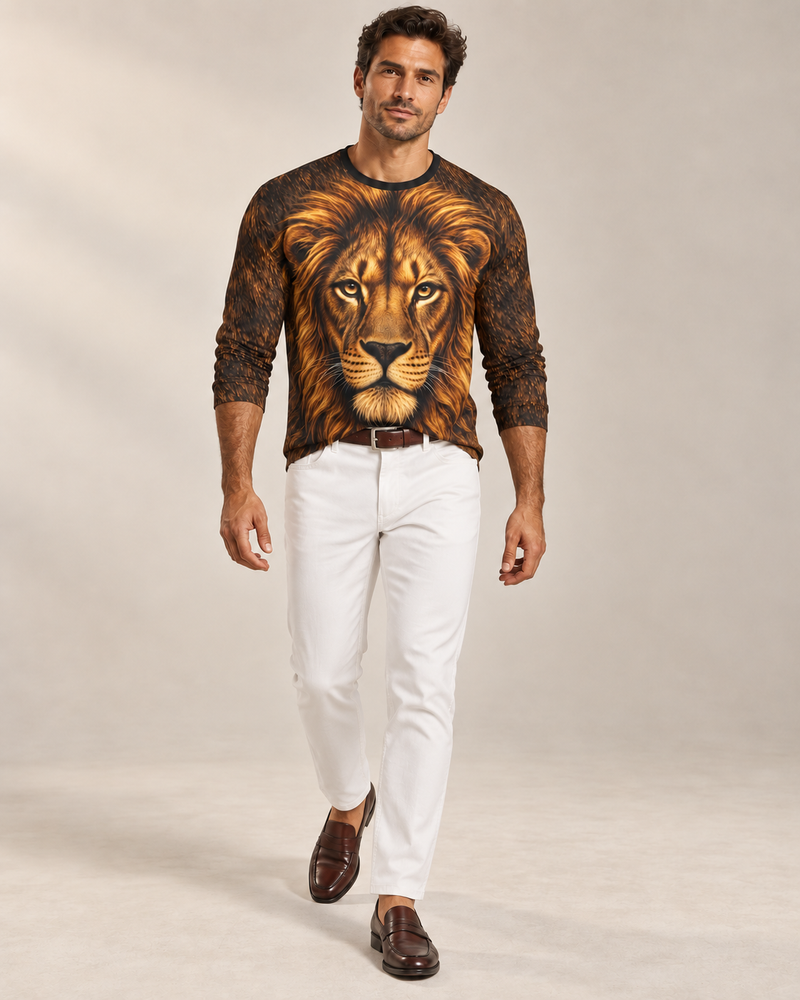 Royal Amber Luxury Long Sleeve T-Shirt by UNIKCOSA, front walking view with white tailored trousers and cherry-brown loafers — AI-generated model illustration