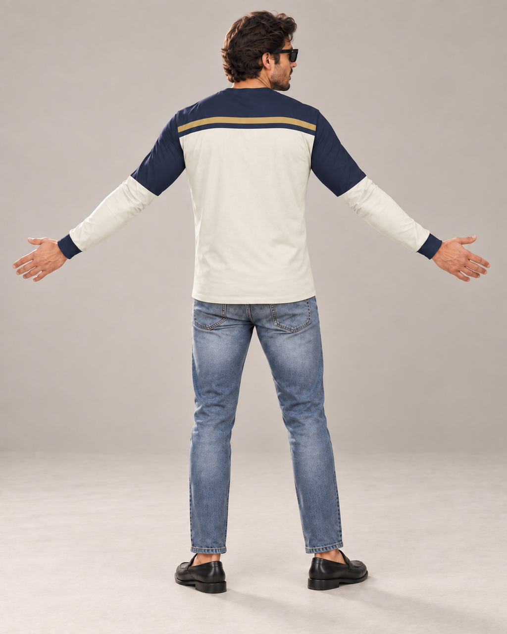 Royal Edge Luxury Bounce Cotton Long Sleeve T-Shirt by UNIKCOSA, back view with arms spread wide in a plain indoor studio — AI styling visual