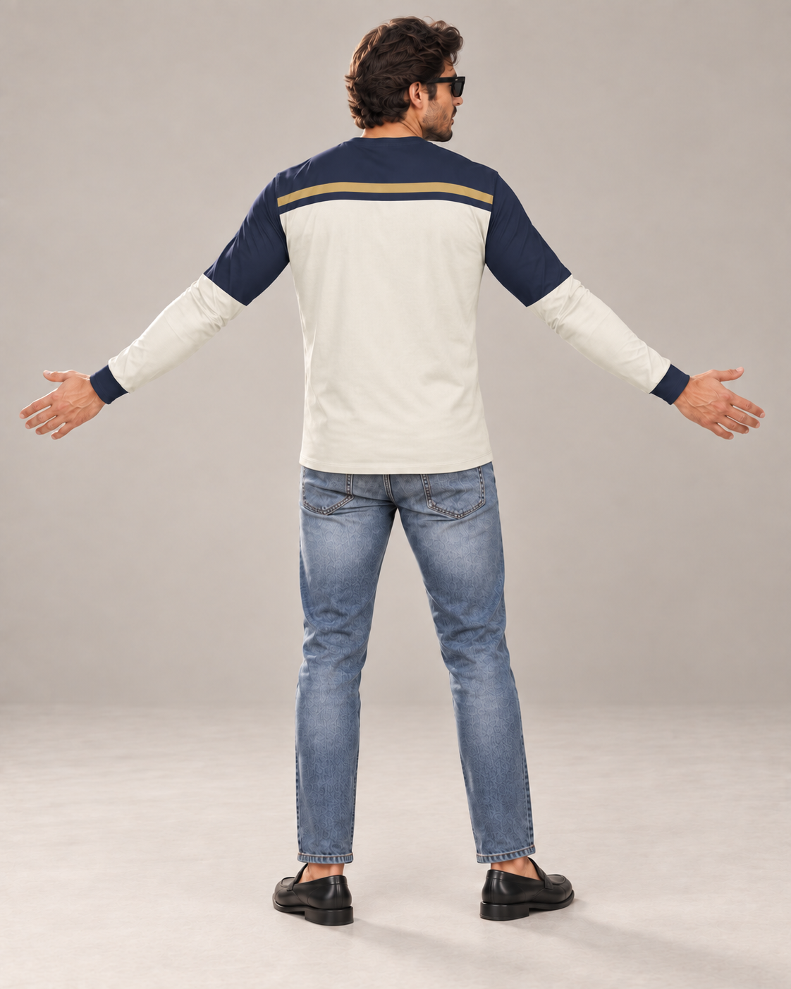 Royal Edge Luxury Bounce Cotton Long Sleeve T-Shirt by UNIKCOSA, back view with arms spread wide in a plain indoor studio — AI styling visual