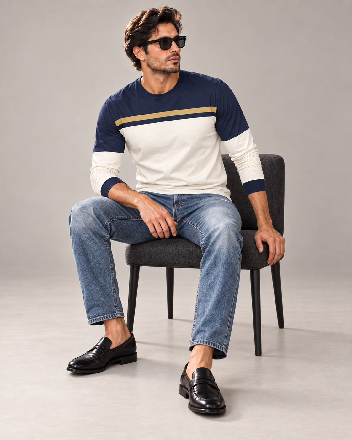 Royal Edge Luxury Bounce Cotton Long Sleeve T-Shirt by UNIKCOSA, seated with sleeves styled on a plain stone-grey background — AI styling visual