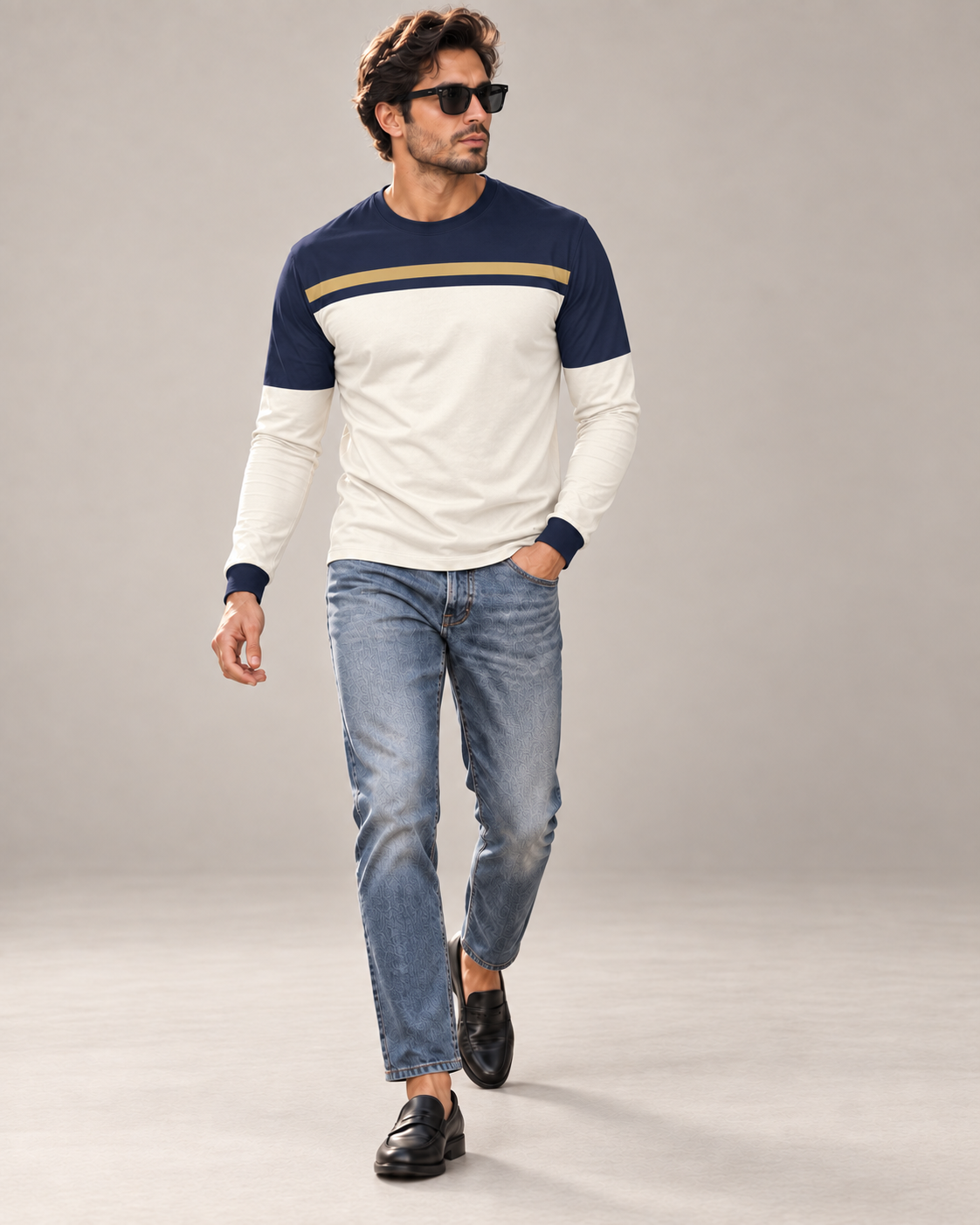 Royal Edge Luxury Bounce Cotton Long Sleeve T-Shirt by UNIKCOSA, walking in a plain indoor studio with straight jeans and black loafers — AI styling visual