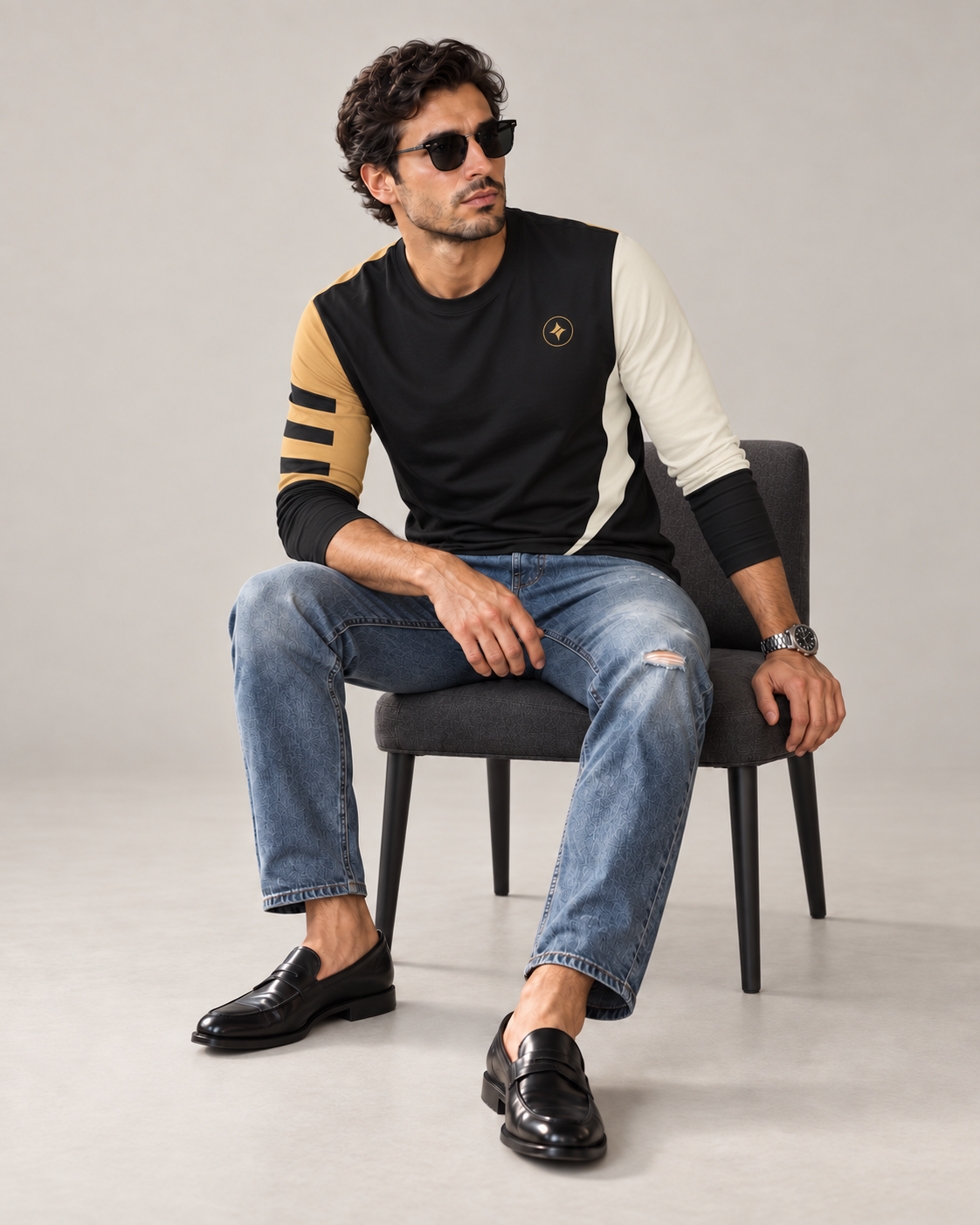 Royal Ember Luxury Bounce Cotton Long Sleeve T-Shirt by UNIKCOSA, seated with sleeves styled on a plain stone-grey background — AI styling visual