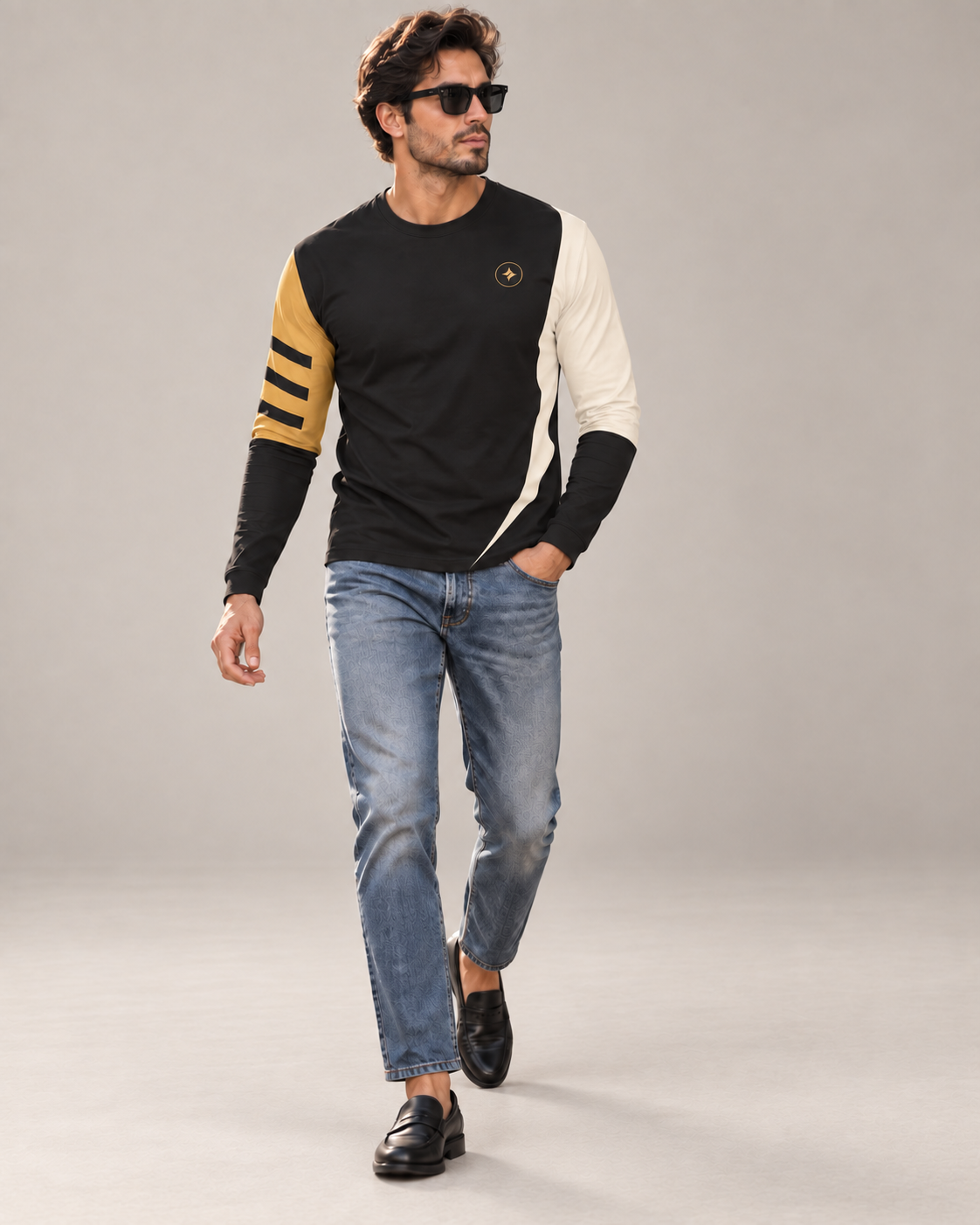 Royal Ember Luxury Bounce Cotton Long Sleeve T-Shirt by UNIKCOSA, walking in a plain indoor studio with straight jeans and black loafers — AI styling visual
