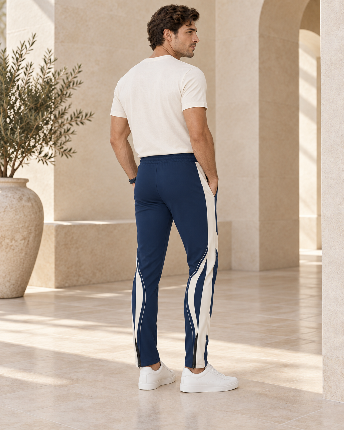 Royal Navy Luxury Rox Jersey Track Pants by UNIKCOSA — rear three-quarter model styling view