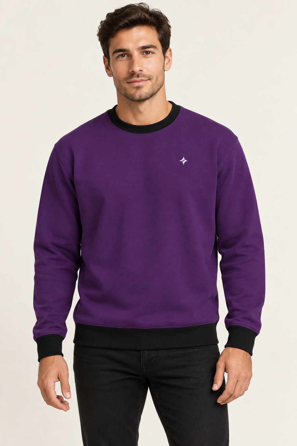 royal plum noir men's sweatshirt front view. AI-generated digital styling illustration.