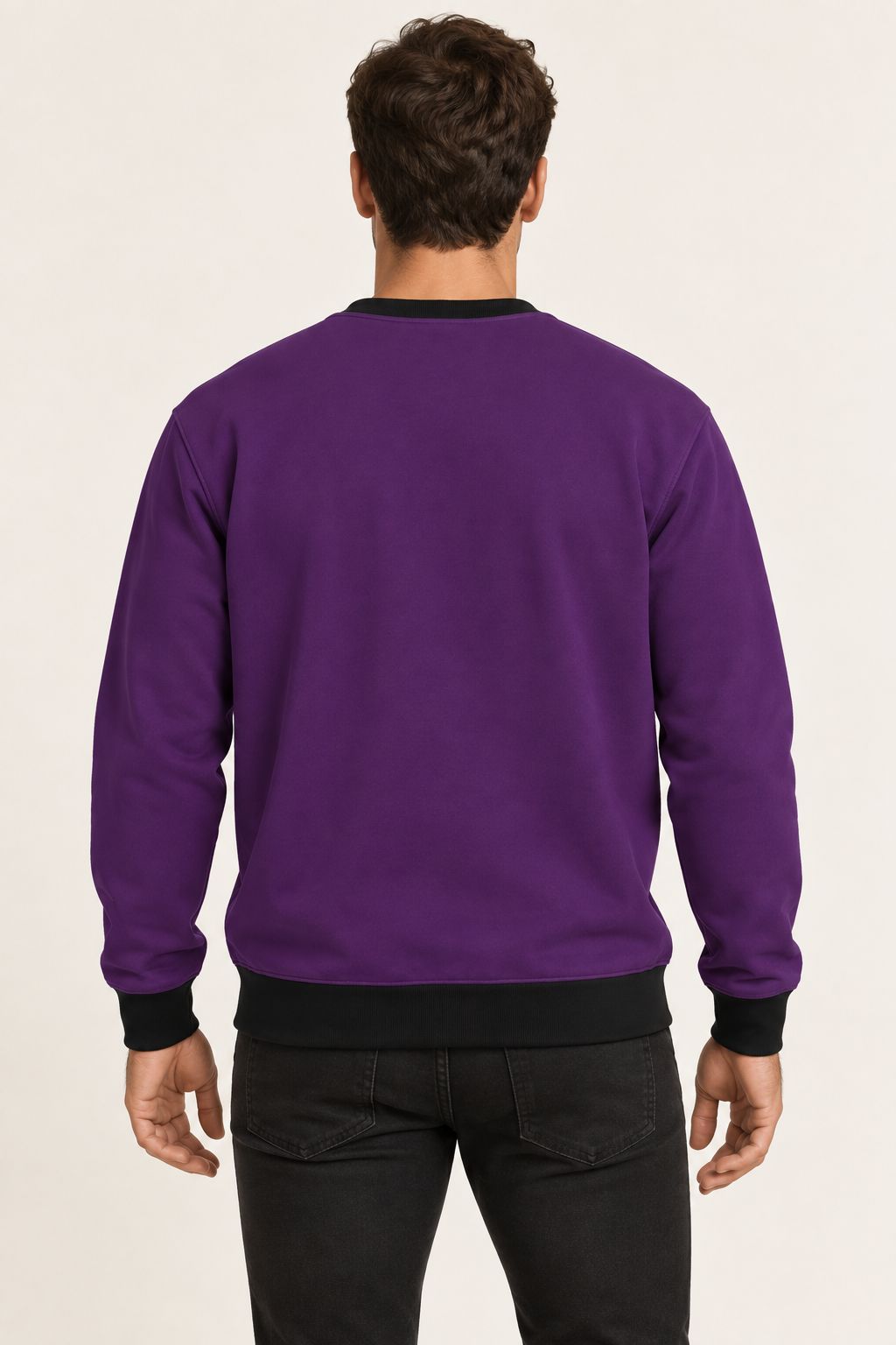 royal plum noir men's sweatshirt back view. AI-generated digital styling illustration.