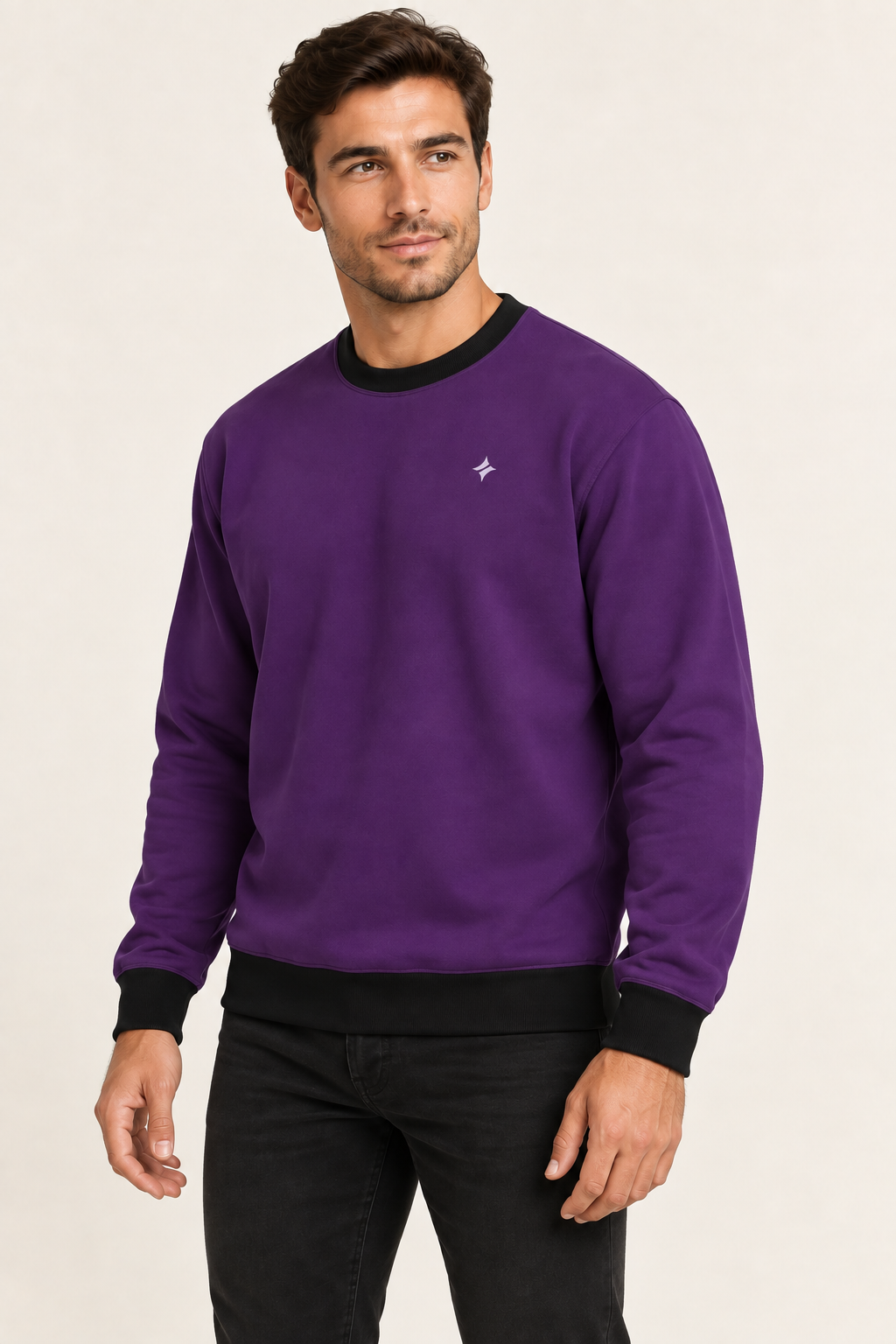 royal plum noir men's sweatshirt side view. AI-generated digital styling illustration.