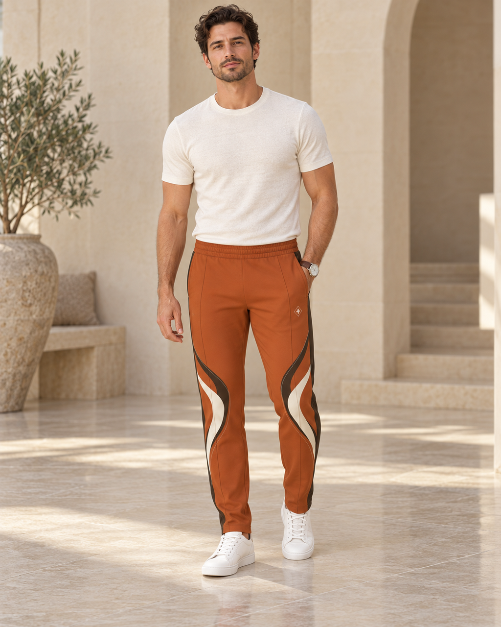 Rust Orange Luxury Rox Jersey Track Pants by UNIKCOSA — front model styling view