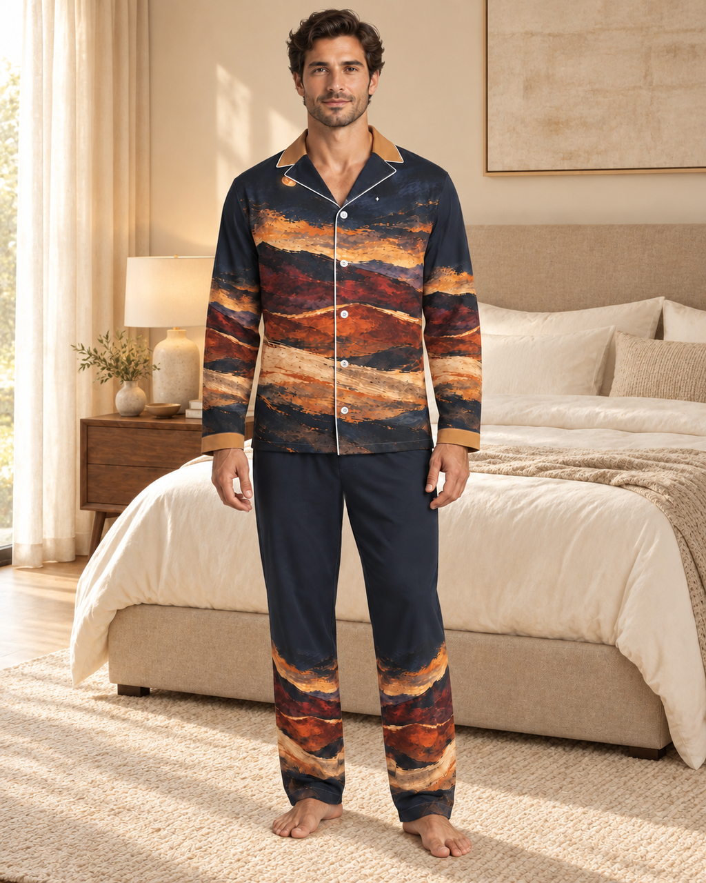 Adult model wearing the Saffron Horizon Luxury Pajama Set in a bright bedroom — AI styling illustration