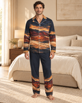 Adult model wearing the Saffron Horizon Luxury Pajama Set in a bright bedroom — AI styling illustration