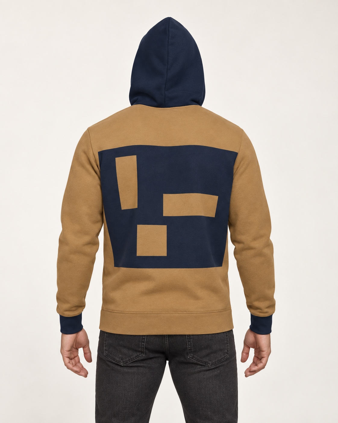 Saffron Navy Aperture Nero Ponte Hoodie, back on-model AI styling illustration
