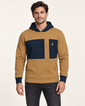 Saffron Navy Aperture Nero Ponte Hoodie, front on-model AI styling illustration
