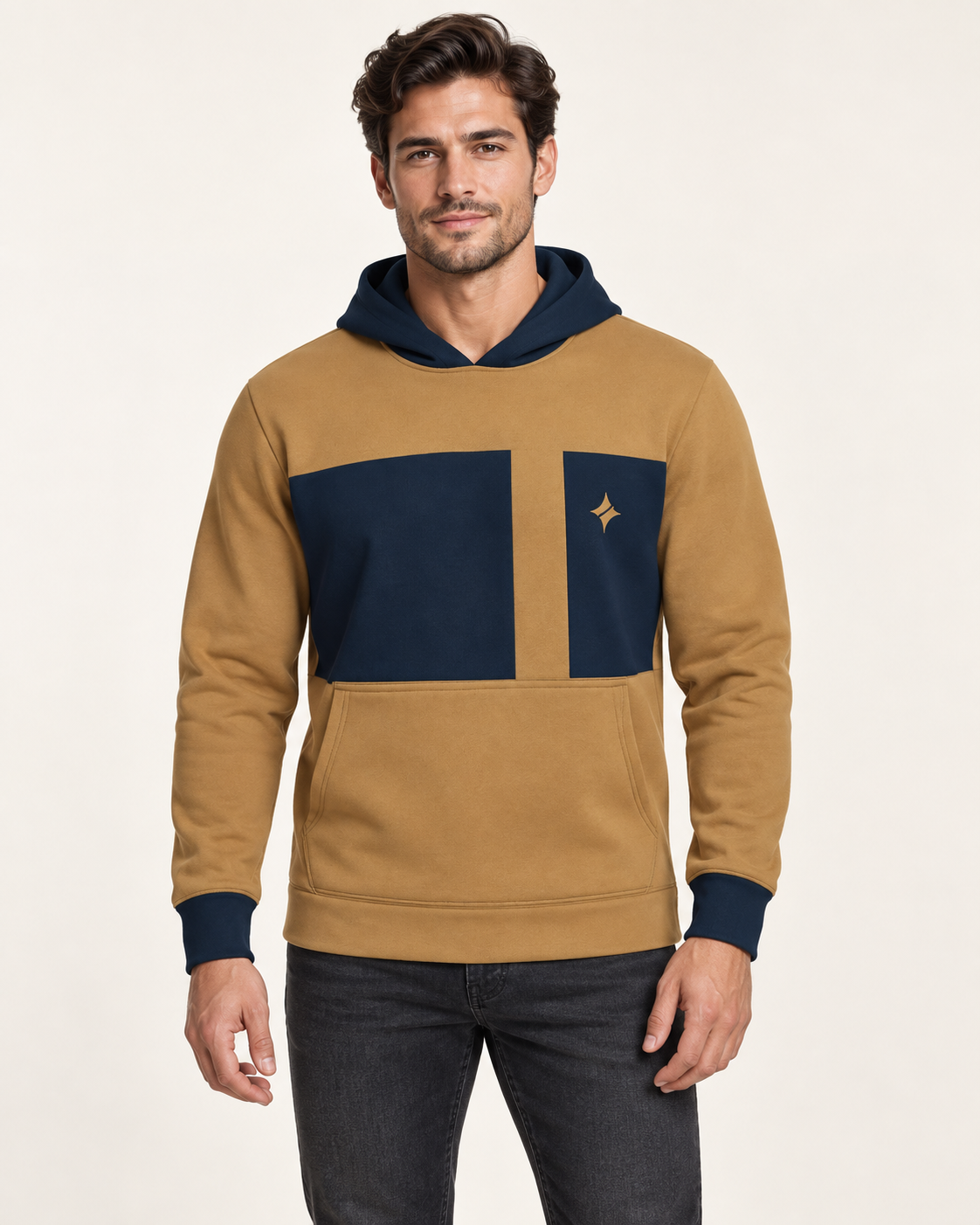 Saffron Navy Aperture Nero Ponte Hoodie, front on-model AI styling illustration