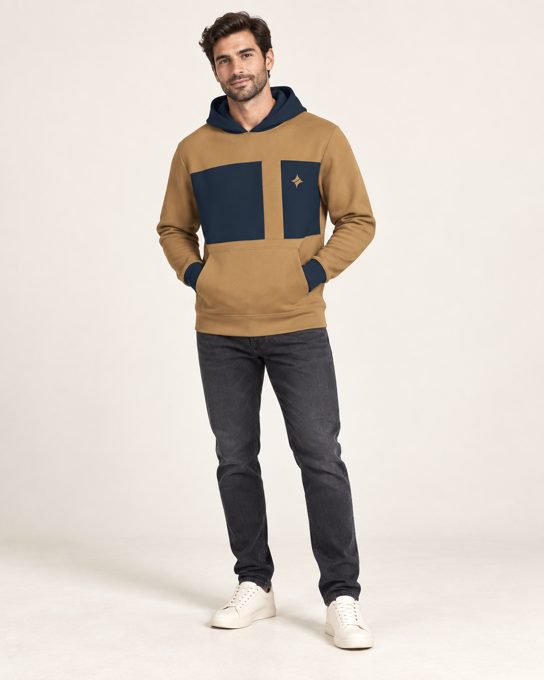 Saffron Navy Aperture Nero Ponte Hoodie, fullbody on-model AI styling illustration