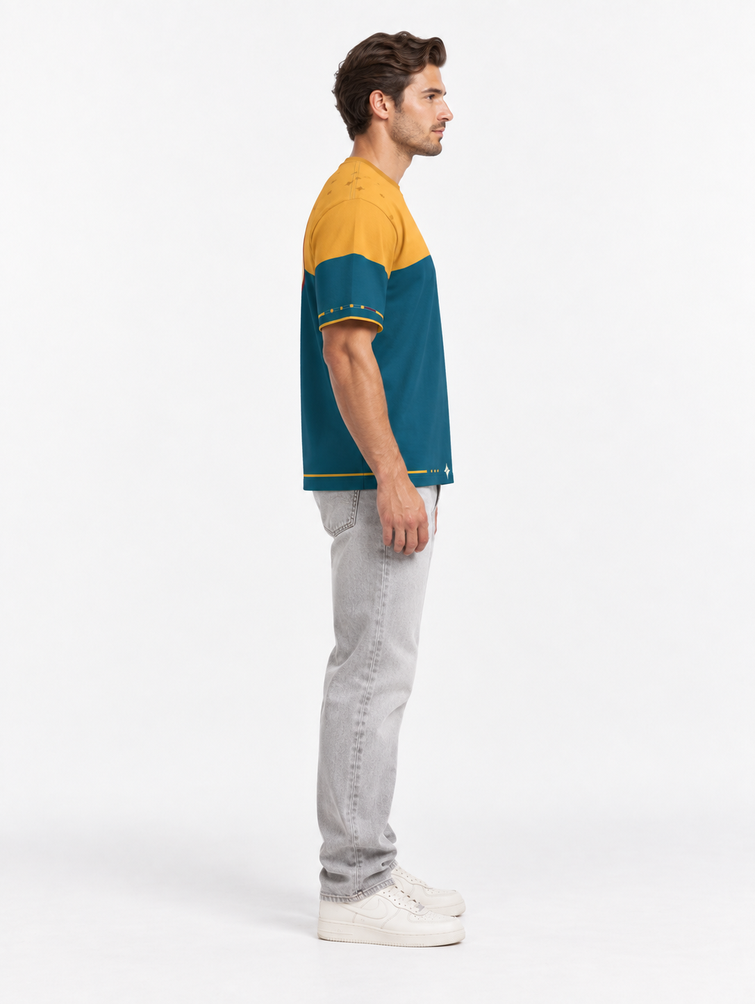 Saffron Tide Boxy Cotton T-Shirt — side model styling illustration