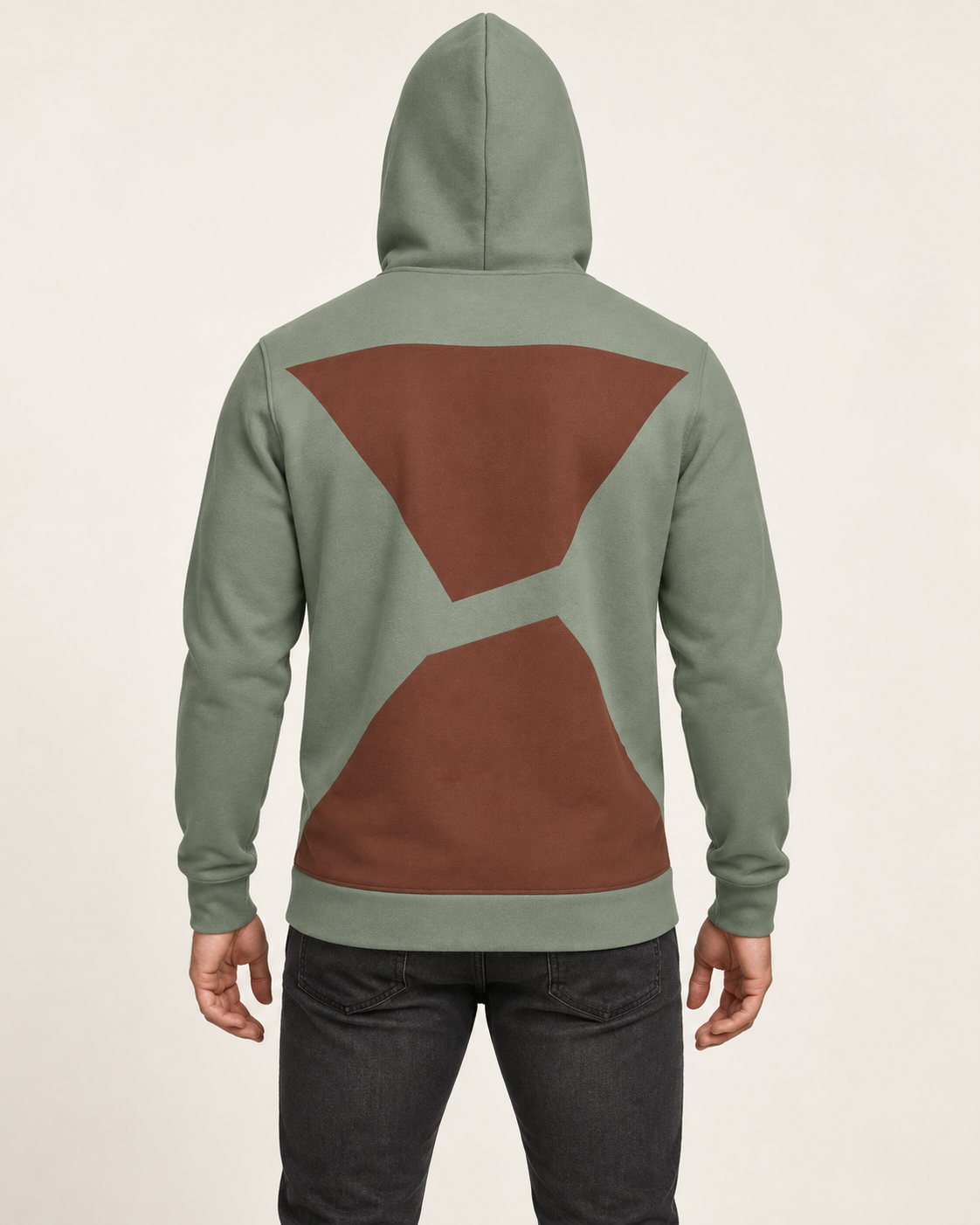 Sage Auburn Hourglass Nero Ponte Hoodie, back on-model AI styling illustration