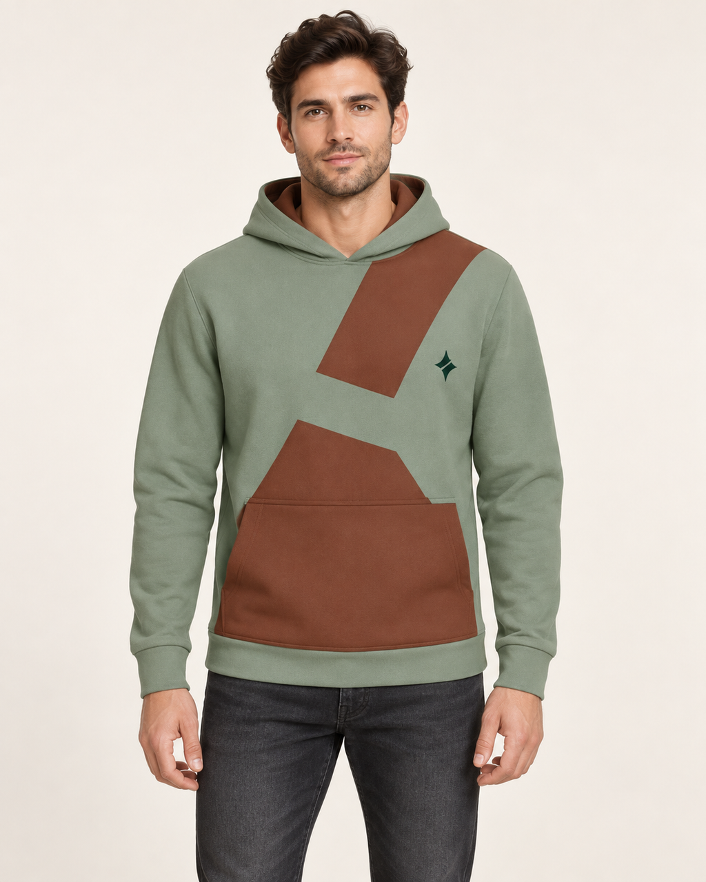 Sage Auburn Hourglass Nero Ponte Hoodie, front on-model AI styling illustration