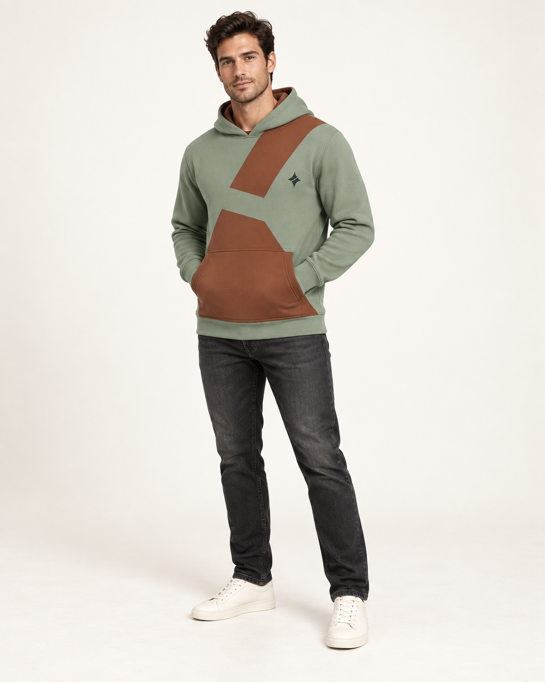 Sage Auburn Hourglass Nero Ponte Hoodie, fullbody on-model AI styling illustration
