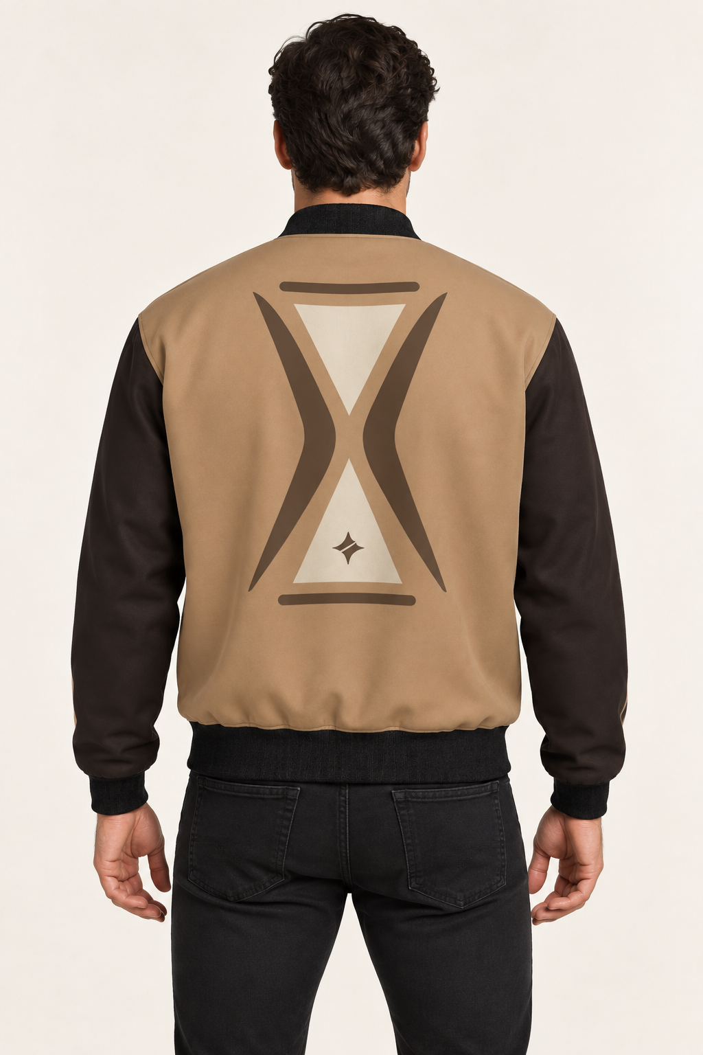 Sandglass Atelier satin bomber jacket — back on-model styling illustration