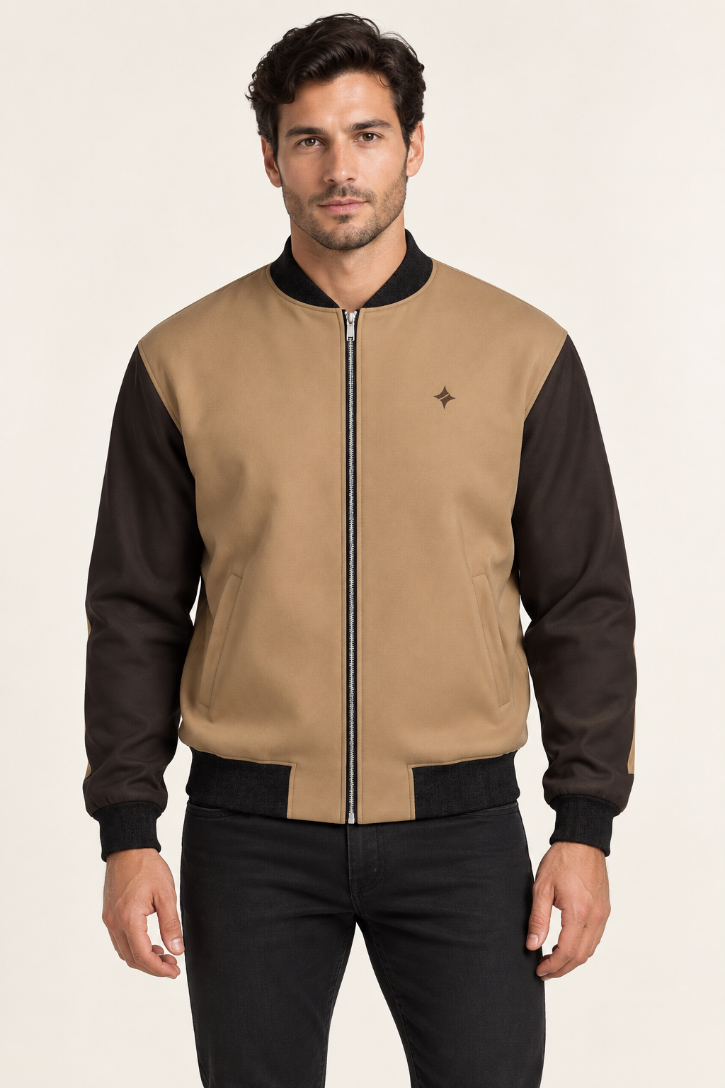 Sandglass Atelier satin bomber jacket — front on-model styling illustration