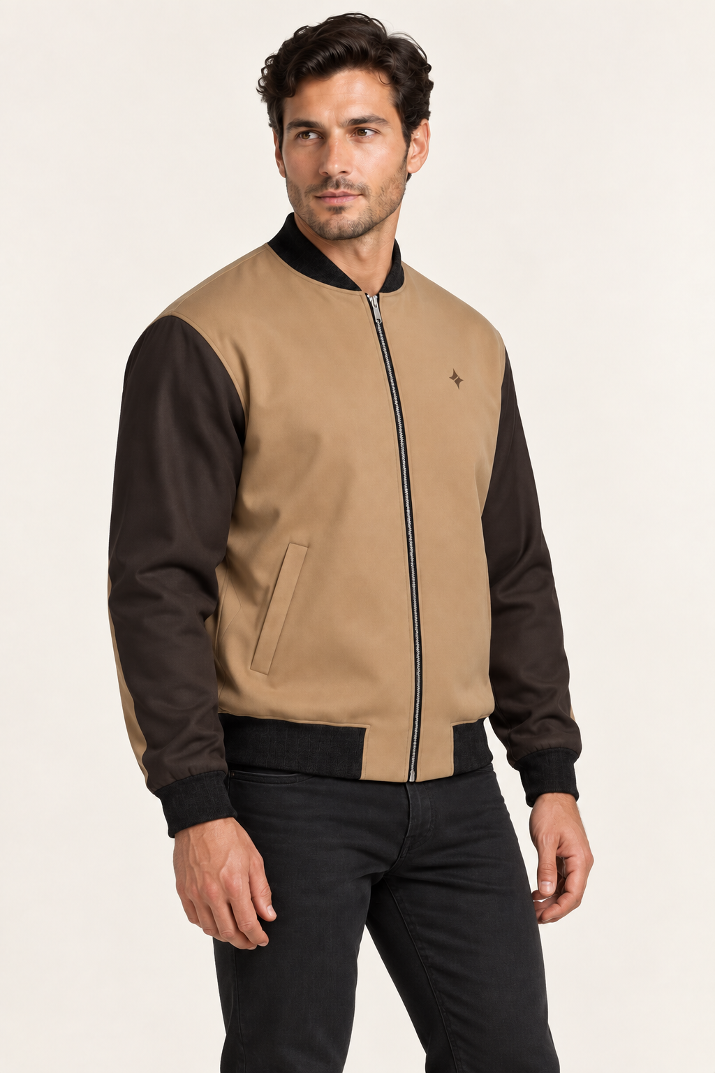 Sandglass Atelier satin bomber jacket — three-quarter on-model styling illustration