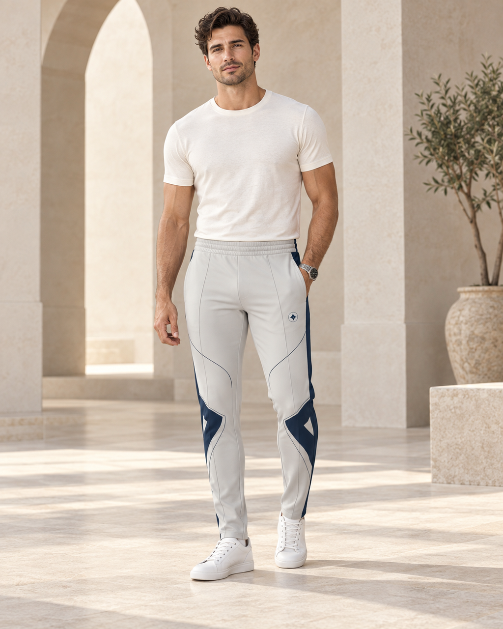 Silver Grey Luxury Rox Jersey Track Pants by UNIKCOSA — front model styling view