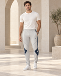 Silver Grey Luxury Rox Jersey Track Pants by UNIKCOSA — front model styling view