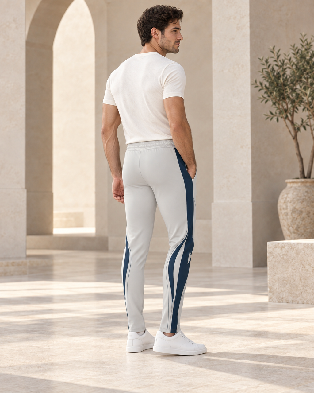 Silver Grey Luxury Rox Jersey Track Pants by UNIKCOSA — rear three-quarter model styling view