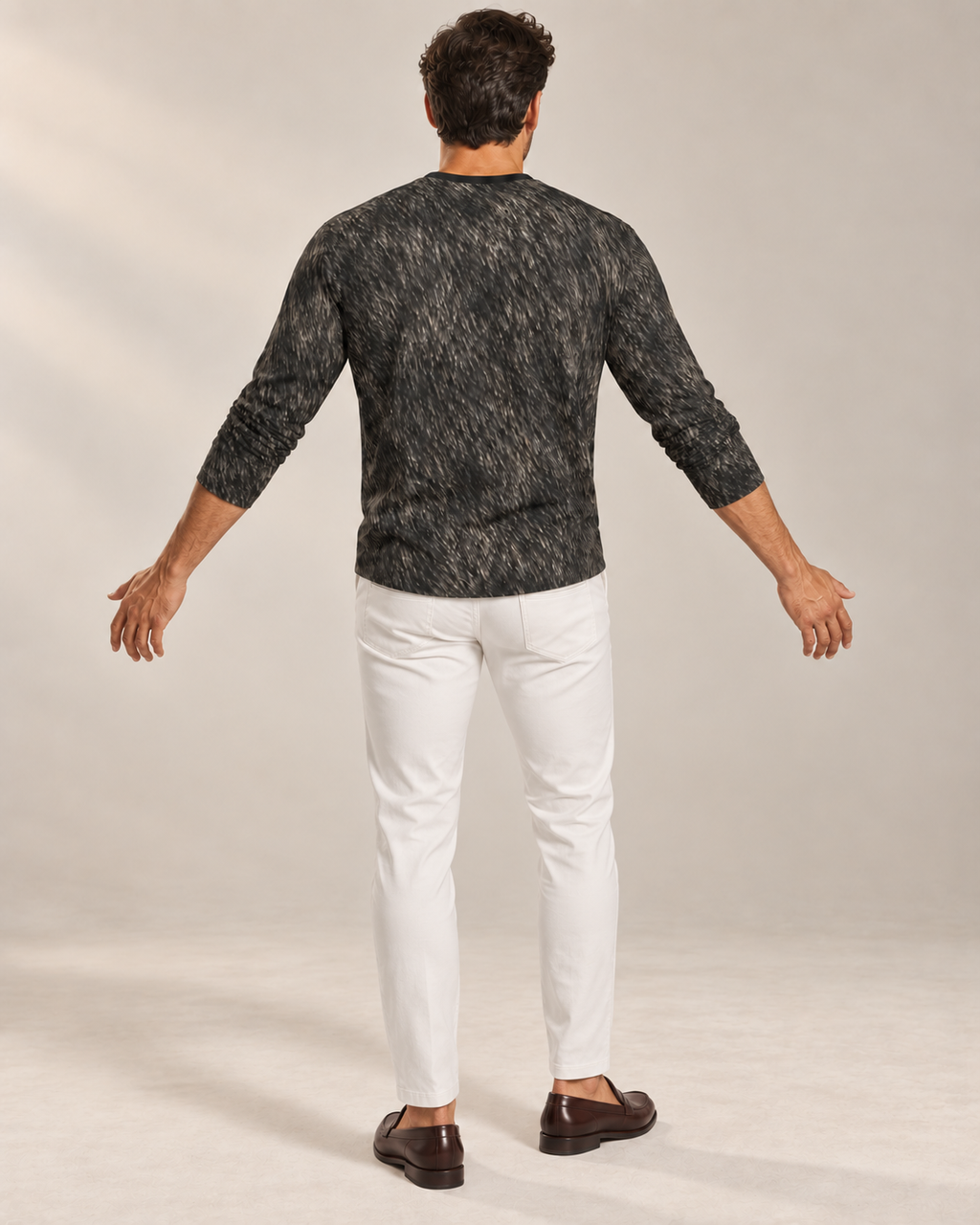 Silver Lion Luxury Long Sleeve T-Shirt by UNIKCOSA, rear with arms extended view with white tailored trousers and cherry-brown loafers — AI-generated model illustration