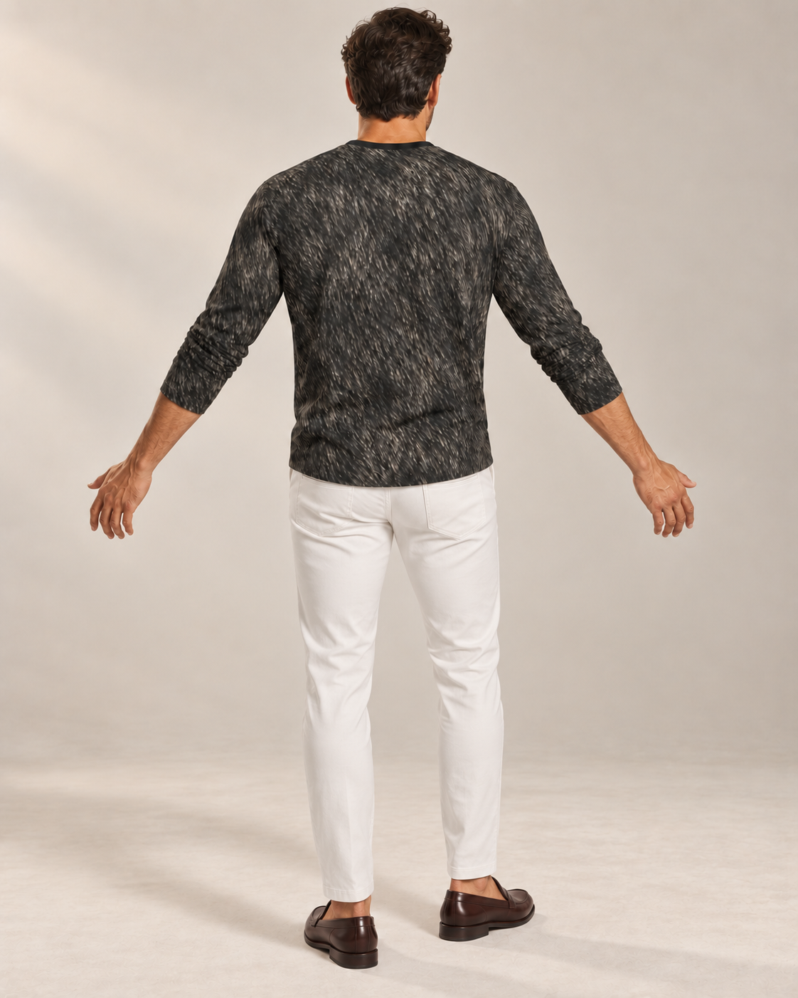 Silver Lion Luxury Long Sleeve T-Shirt by UNIKCOSA, rear with arms extended view with white tailored trousers and cherry-brown loafers — AI-generated model illustration