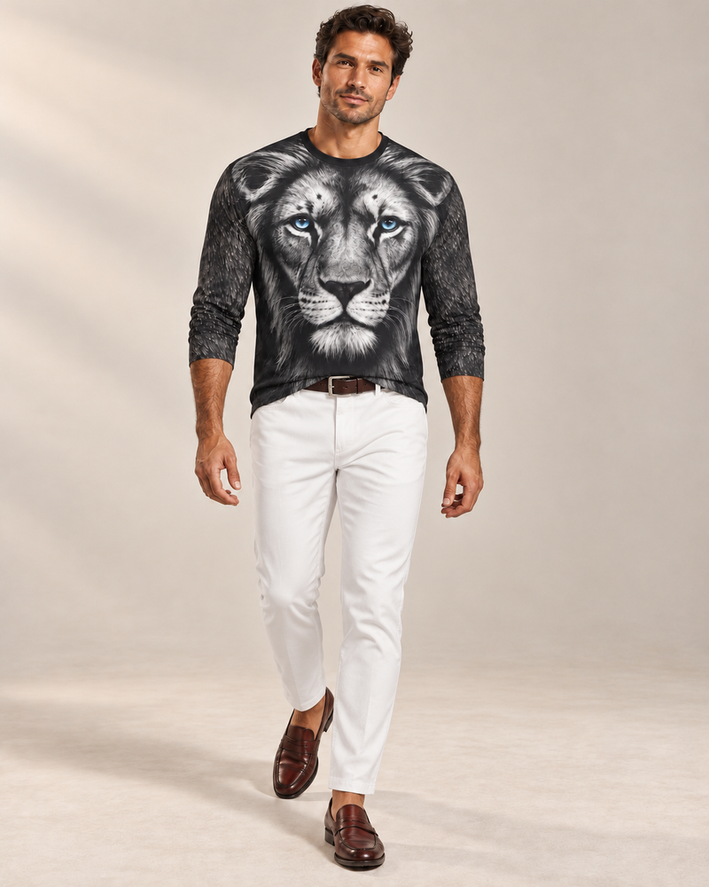 Silver Lion Luxury Long Sleeve T-Shirt by UNIKCOSA, front walking view with white tailored trousers and cherry-brown loafers — AI-generated model illustration