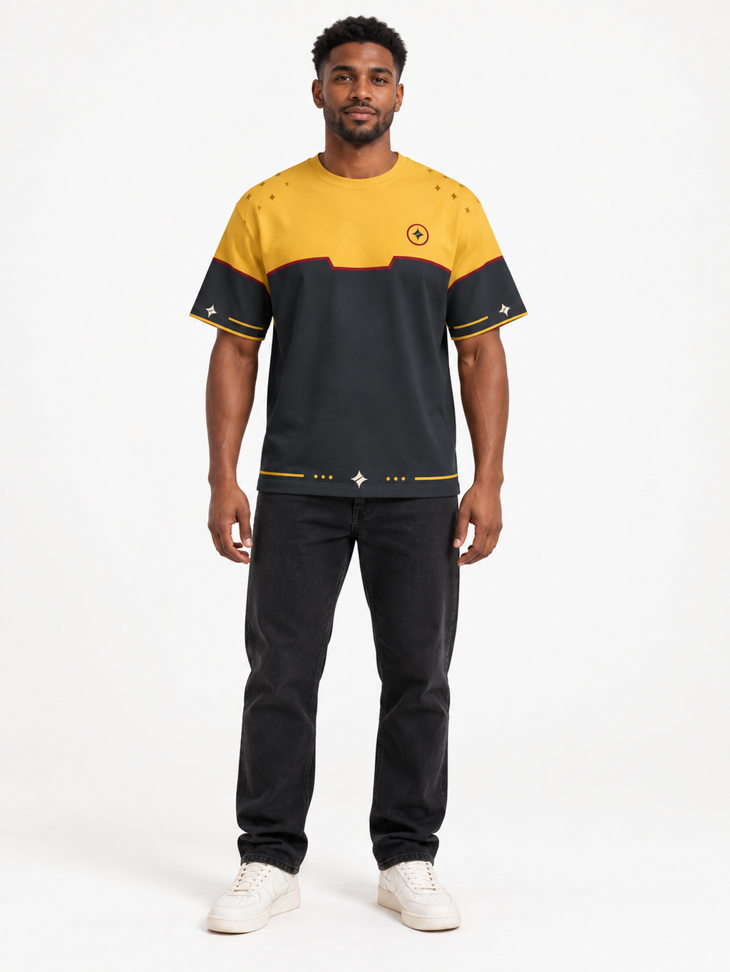 Solar Obsidian Boxy Cotton T-Shirt — front model styling illustration