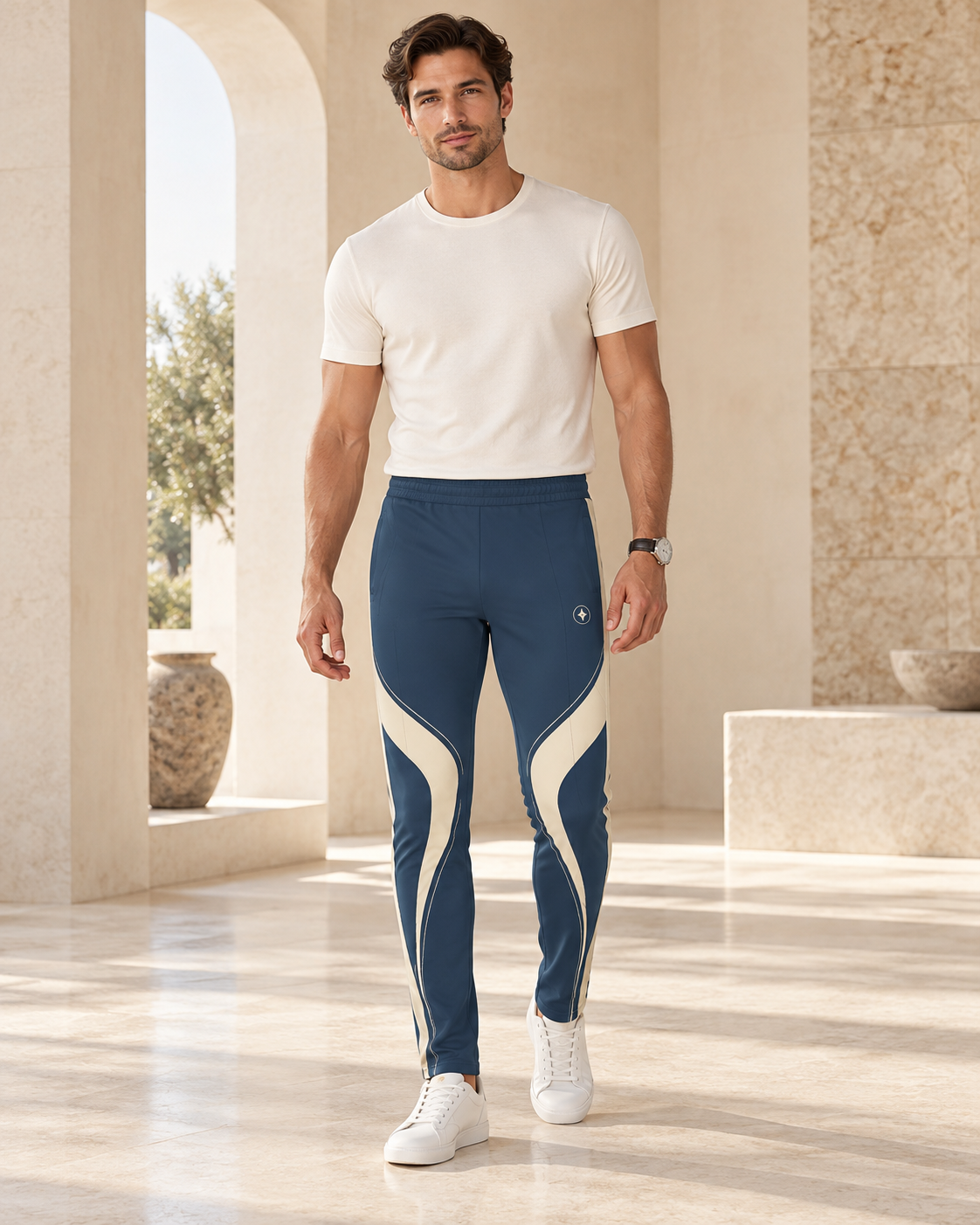 Steel Slate Luxury Rox Jersey Track Pants by UNIKCOSA — front model styling view