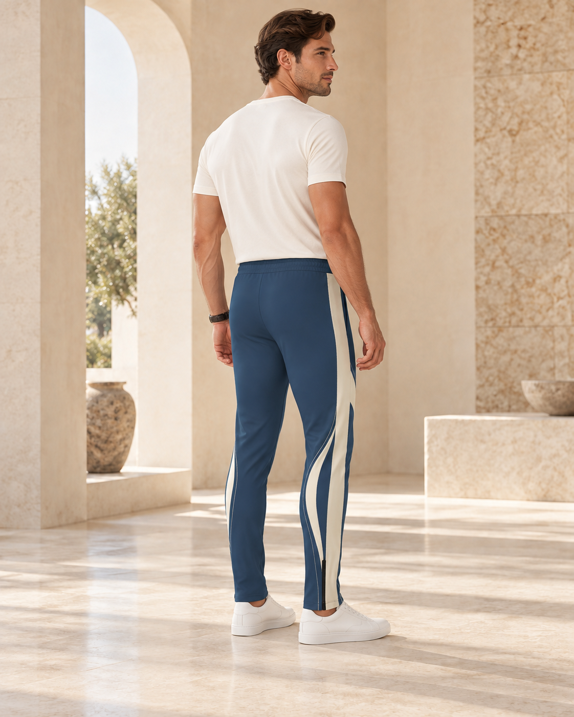 Steel Slate Luxury Rox Jersey Track Pants by UNIKCOSA — rear three-quarter model styling view