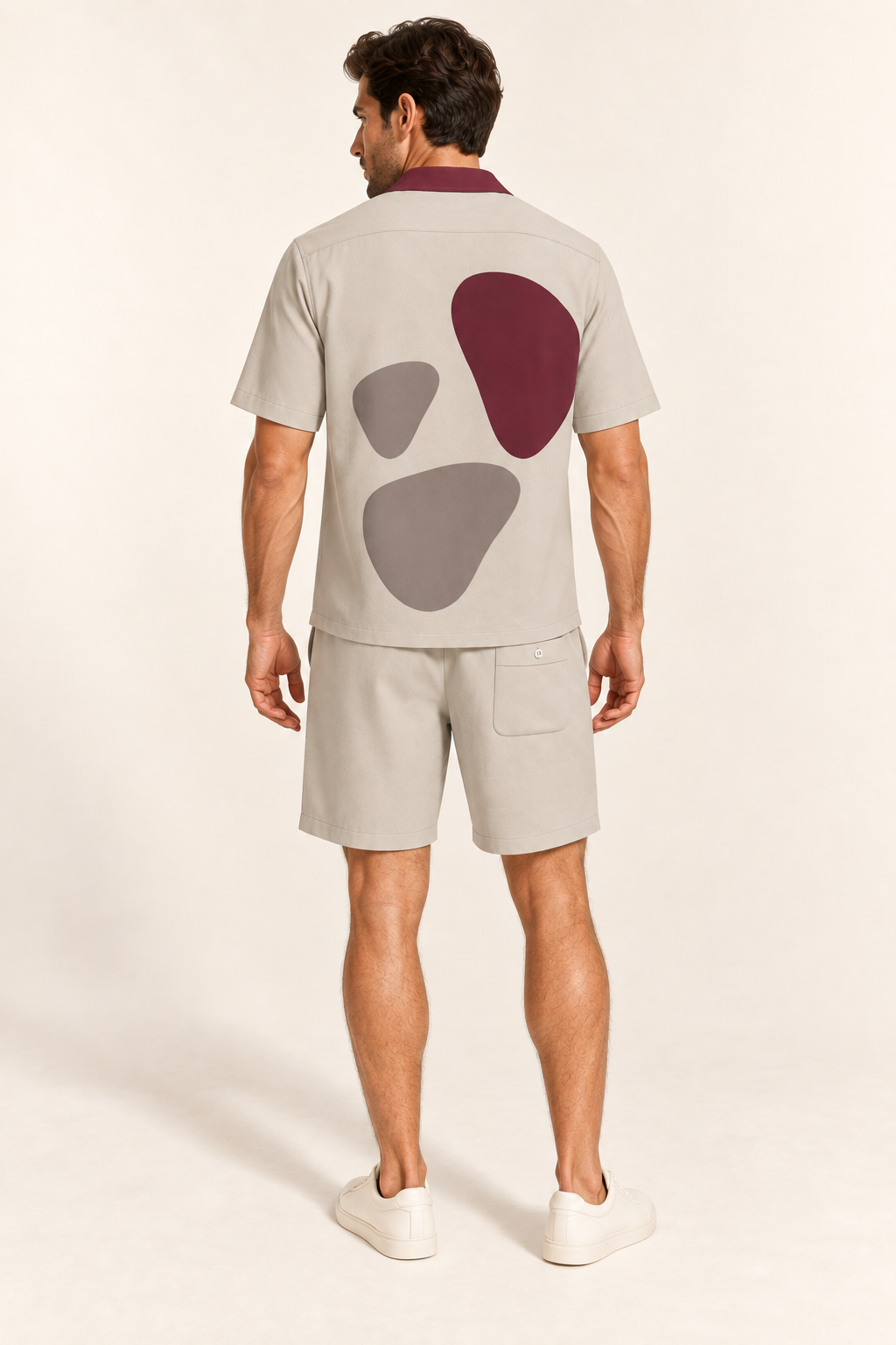 Stone Garnet cotton satin shirt and shorts set, back model view. AI-generated styling illustration.
