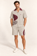 Stone Garnet cotton satin shirt and shorts set, front model view. AI-generated styling illustration.