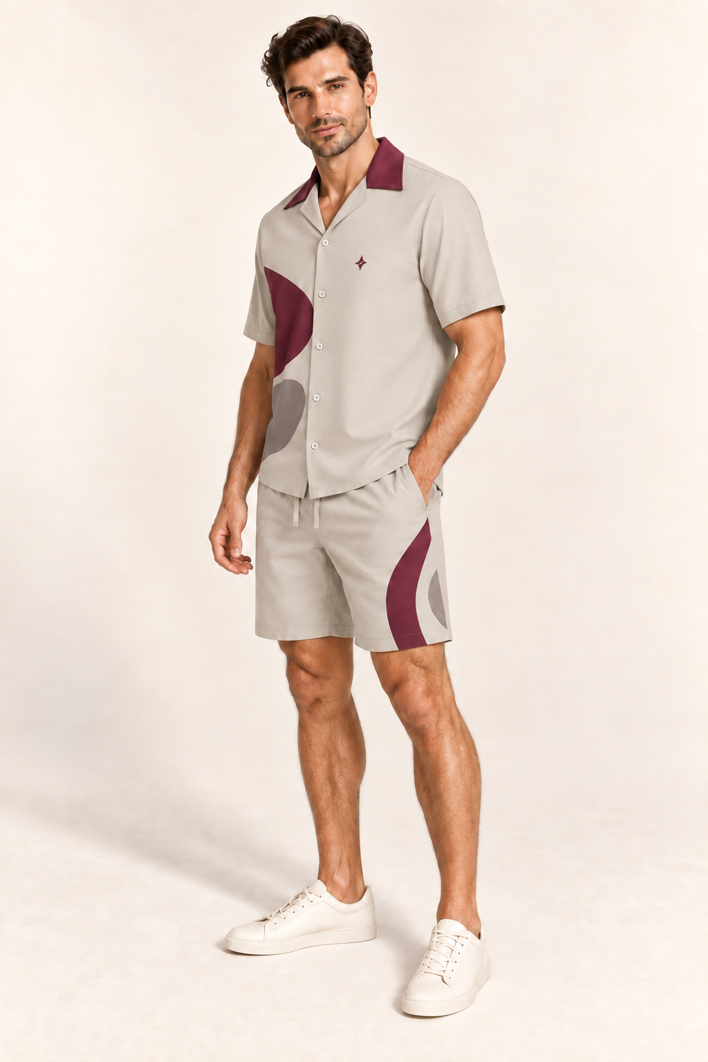 Stone Garnet cotton satin shirt and shorts set, side model view. AI-generated styling illustration.