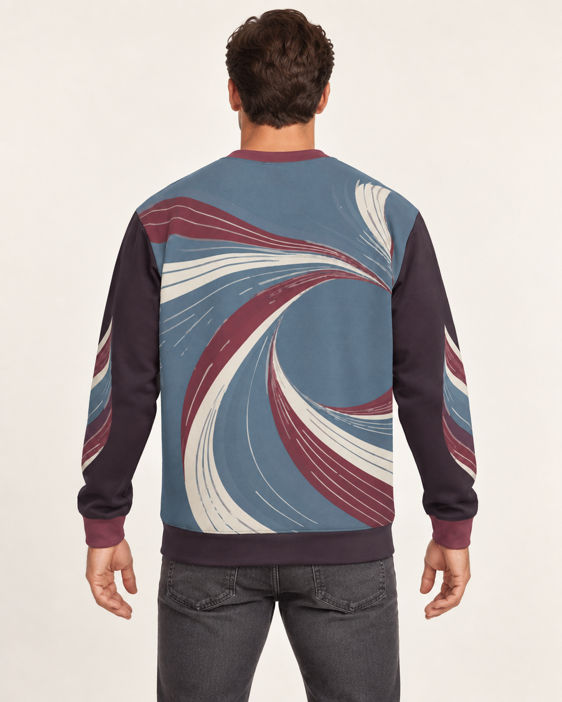 Storm Rosewood men's sweatshirt back view. AI-generated digital styling illustration.