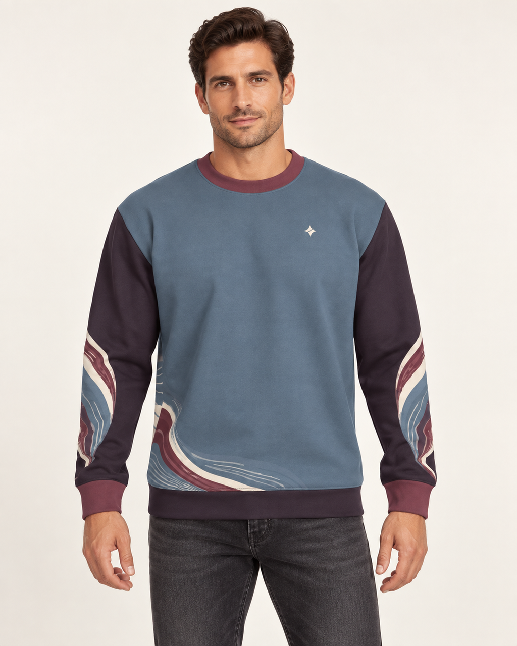 Storm Rosewood men's sweatshirt front view. AI-generated digital styling illustration.
