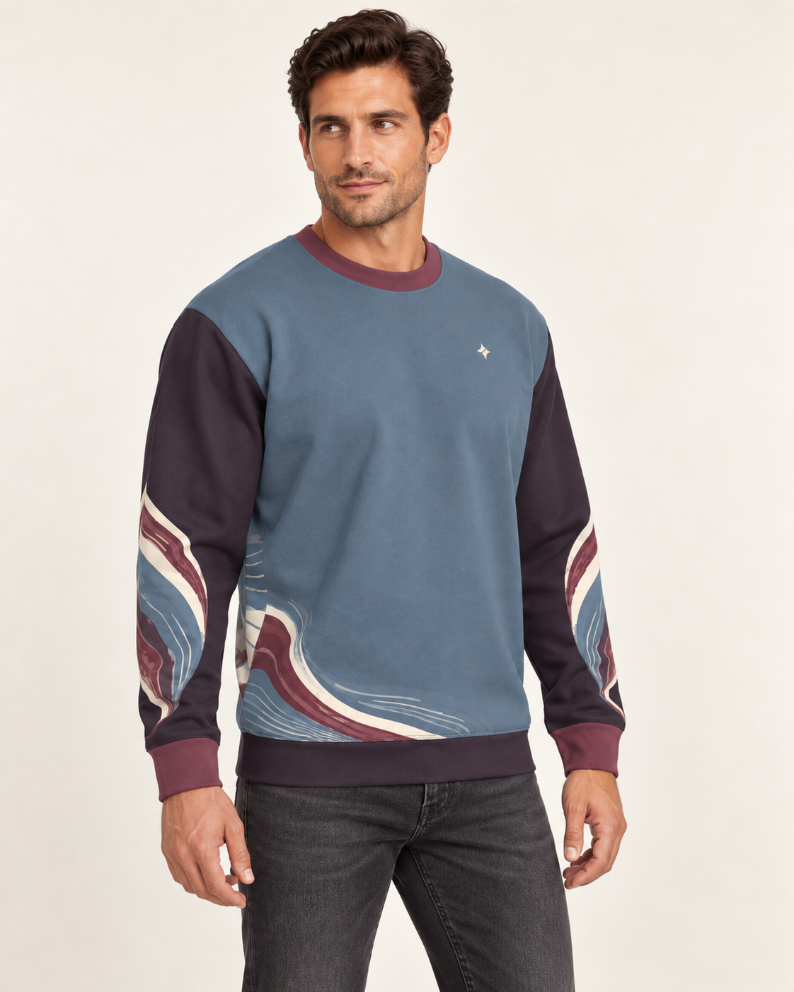 Storm Rosewood men's sweatshirt side view. AI-generated digital styling illustration.