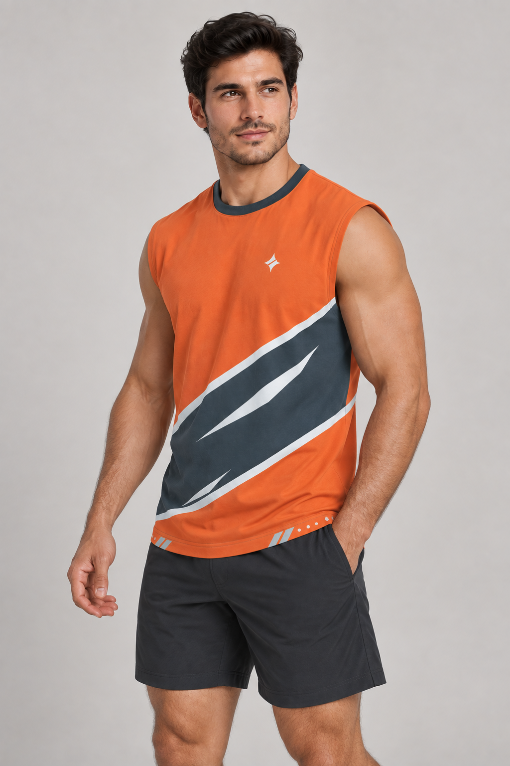 Tangerine Slate sleeveless cotton T-shirt – side on-model styling illustration